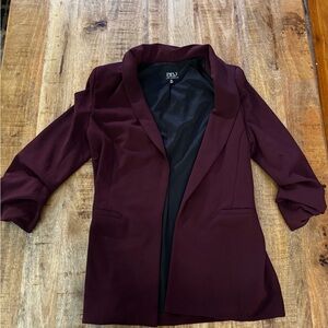 BBJ LOS ANGELES Women's Burgundy red Blazer long length tunic ruched sleeves euc